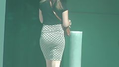Public ejaculation watching shiny spandex skirt & high heels